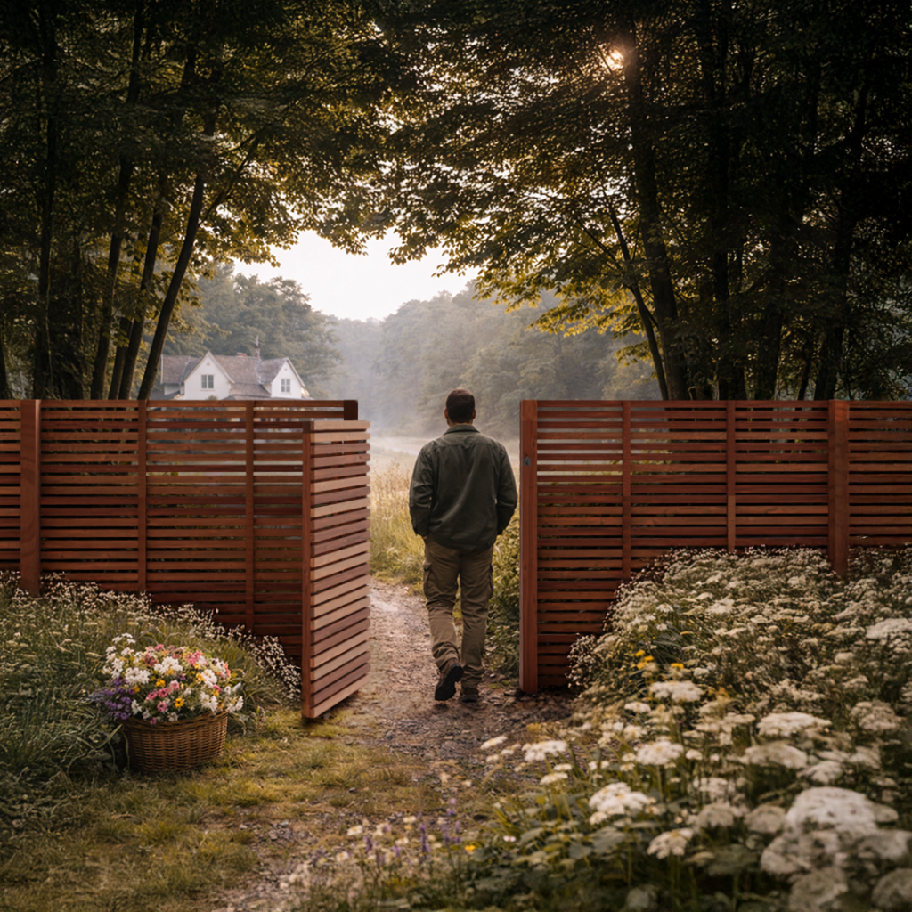 Portillon et clôture en bois Douglas à lames horizontales ouverts sur un chemin de jardin, avec accès vers une maison en arrière-plan dans un environnement naturel arboré.