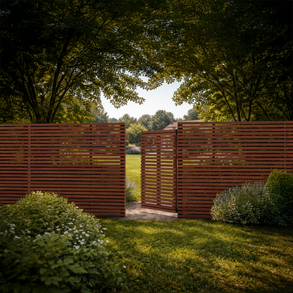 Clôture et portillon en bois Douglas à lames horizontales ouverts sur un jardin paysager, intégrés dans un aménagement extérieur naturel et contemporain.