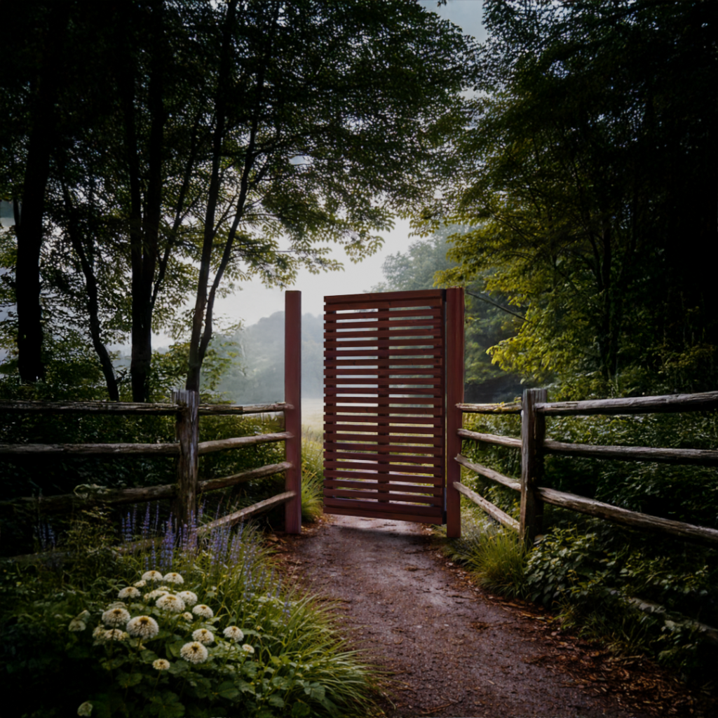 Portillon en bois Douglas à lames horizontales installé sur un chemin de jardin, intégré dans un environnement naturel avec clôture bois et aménagement paysager.