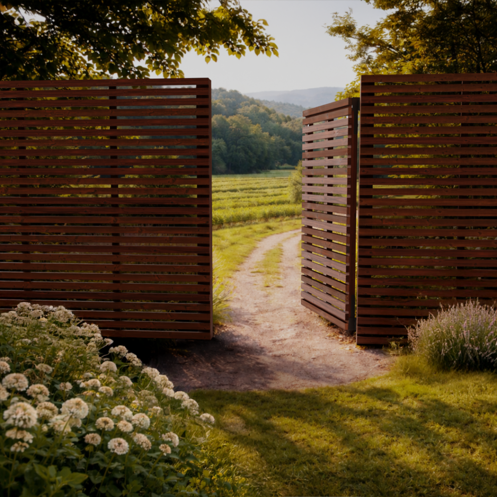 portillon en bois Douglas à lames horizontales ouvert sur un chemin de jardin, intégré dans un aménagement extérieur naturel et paysager.