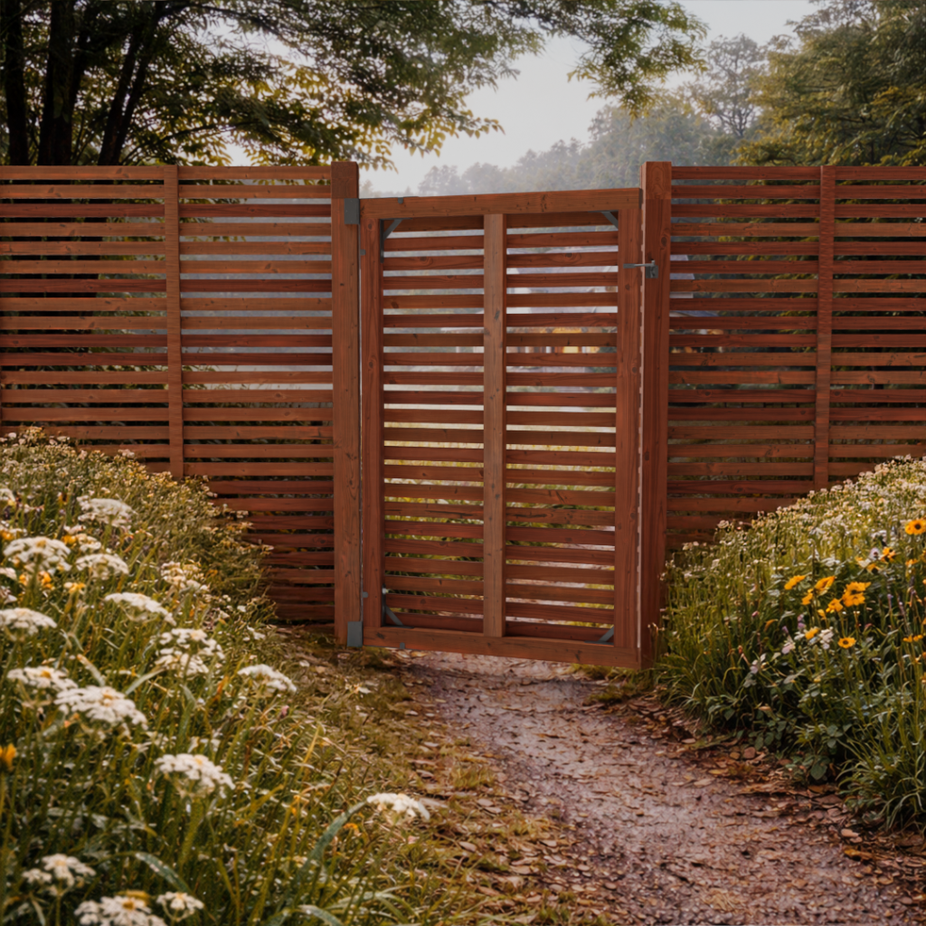 Portillon et clôture en bois Douglas à lames horizontales installés dans un jardin fleuri, avec structure renforcée et design moderne pour sécuriser l’accès extérieur.