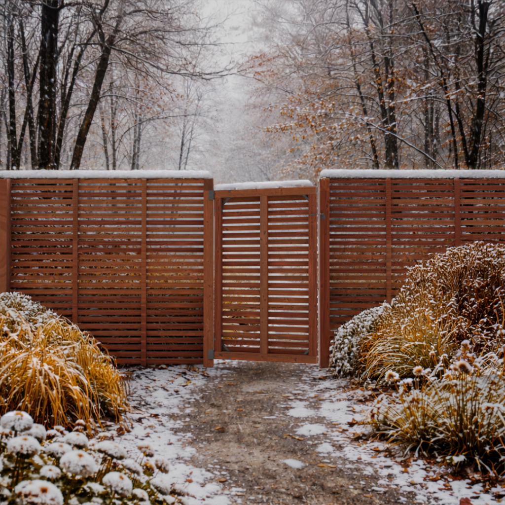 Clôture et portillon en bois Douglas à lames horizontales dans un jardin en hiver avec neige, installés pour sécuriser l’accès tout en conservant une esthétique naturelle.