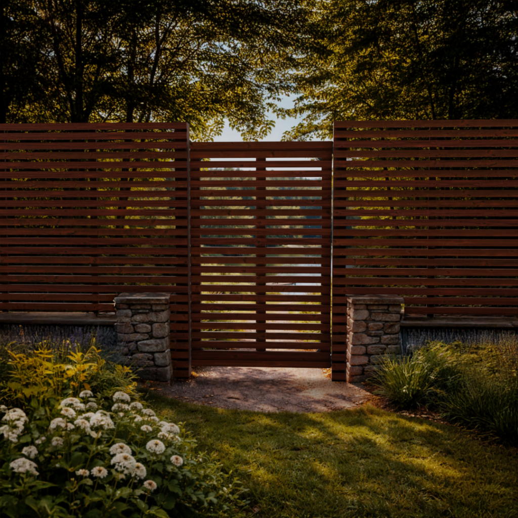 Portillon et panneaux de clôture en bois Douglas à lames horizontales entre murets en pierre dans un jardin.