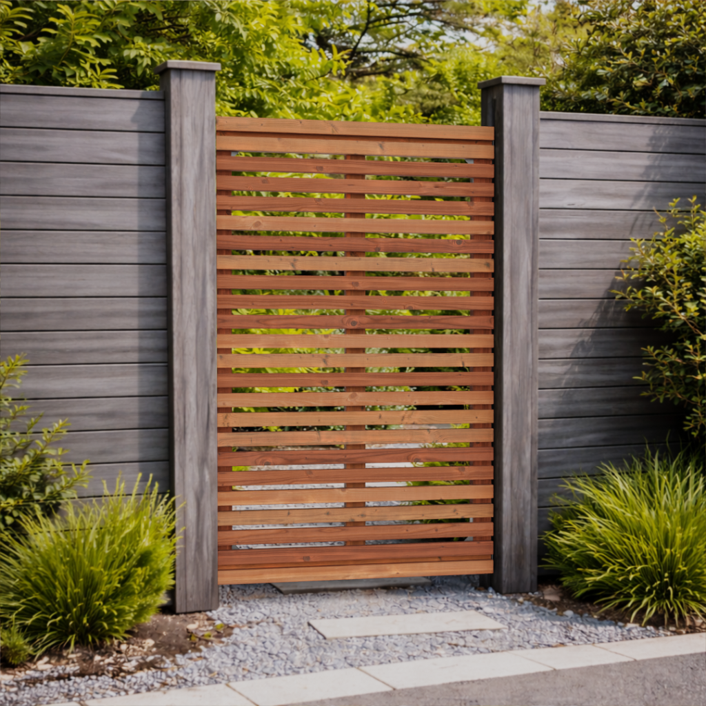 Portillon en bois Douglas à lames horizontales installé entre poteaux gris et panneaux de clôture modernes, intégré dans un jardin paysager contemporain.