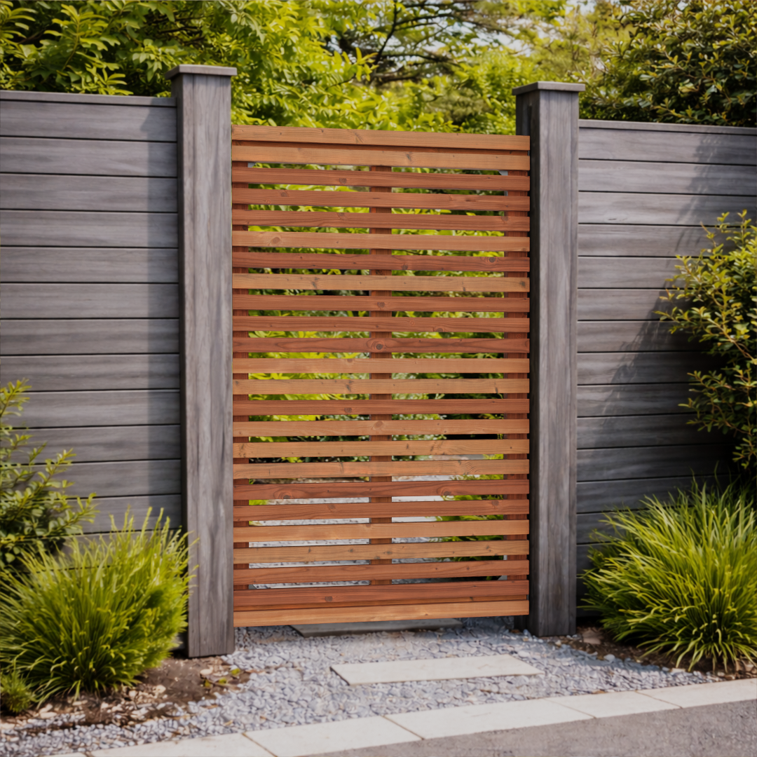 Portillon Bois Douglas en Kit - 1×1,59 m 12 Portillon en bois Douglas à lames horizontales installé entre poteaux gris et panneaux de clôture modernes, intégré dans un jardin paysager contemporain.