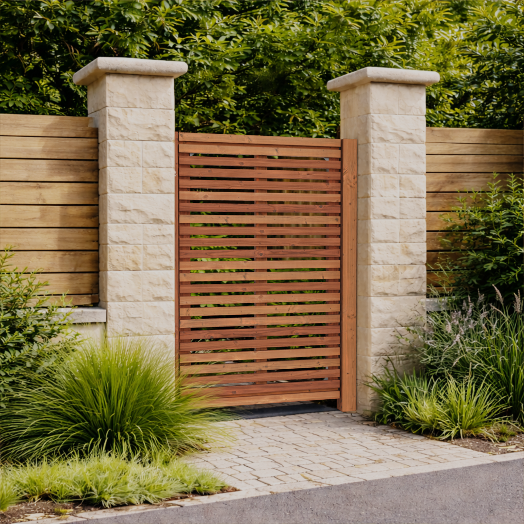 Portillon Bois Douglas en Kit - 1×1,59 m 9 Portillon en bois Douglas à lames horizontales installé entre deux piliers en pierre avec clôture bois assortie, intégré dans un jardin paysager moderne.