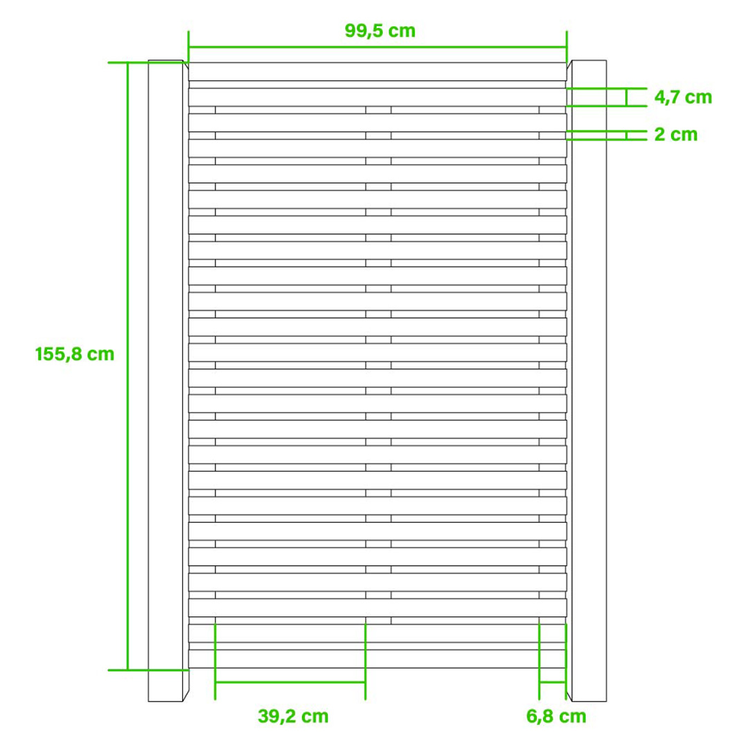 Portillon Bois Douglas en Kit - 1×1,59 m 15 Schéma technique d’un portillon en bois Douglas avec lames horizontales, indiquant les dimensions précises : 155,8 cm de hauteur, 99,5 cm de largeur, sections de lames et épaisseurs détaillées pour installation.