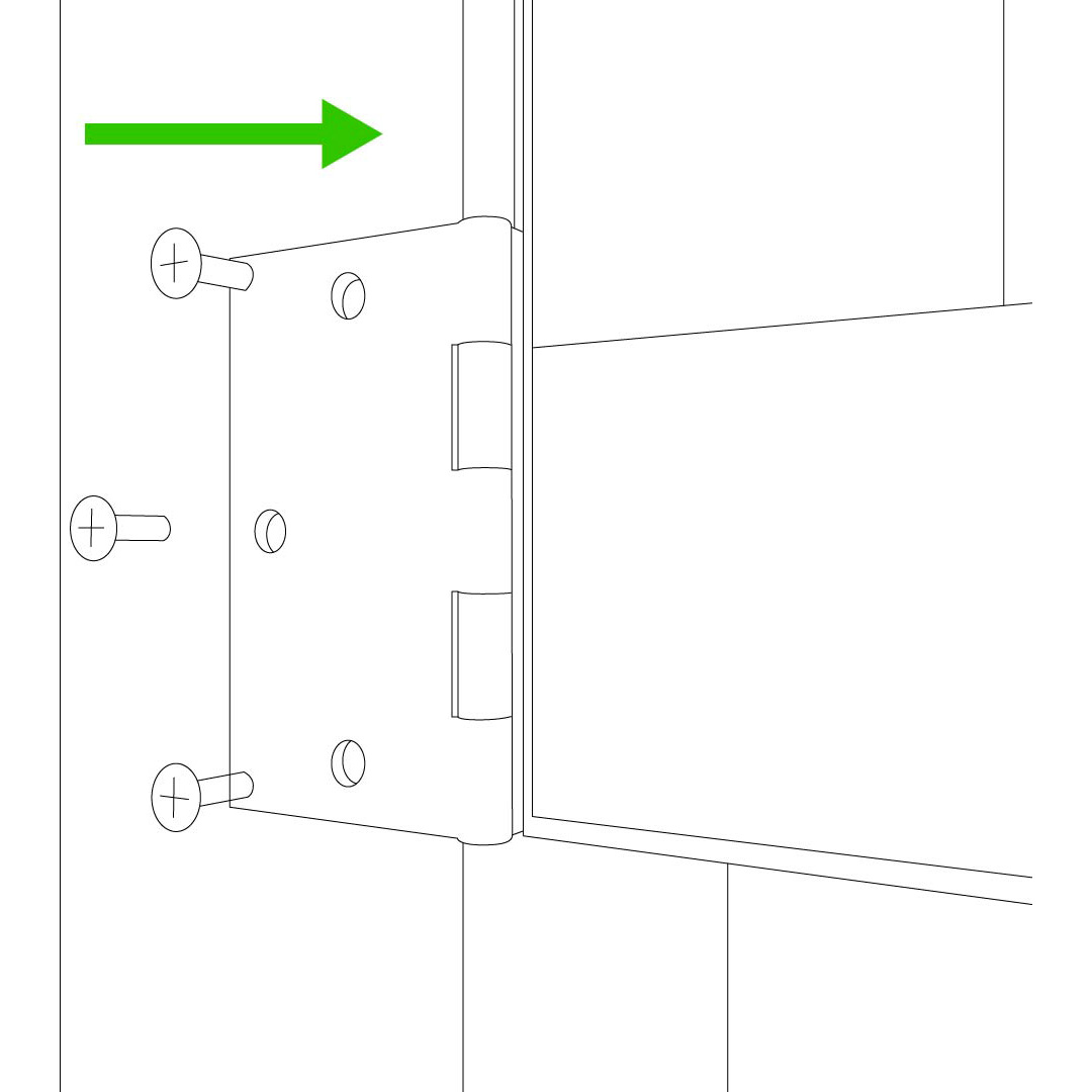 Portillon Bois Douglas en Kit - 1×1,59 m 14 Schéma de montage d’une charnière de portillon avec vis de fixation, illustrant le sens d’installation et l’alignement sur le poteau.