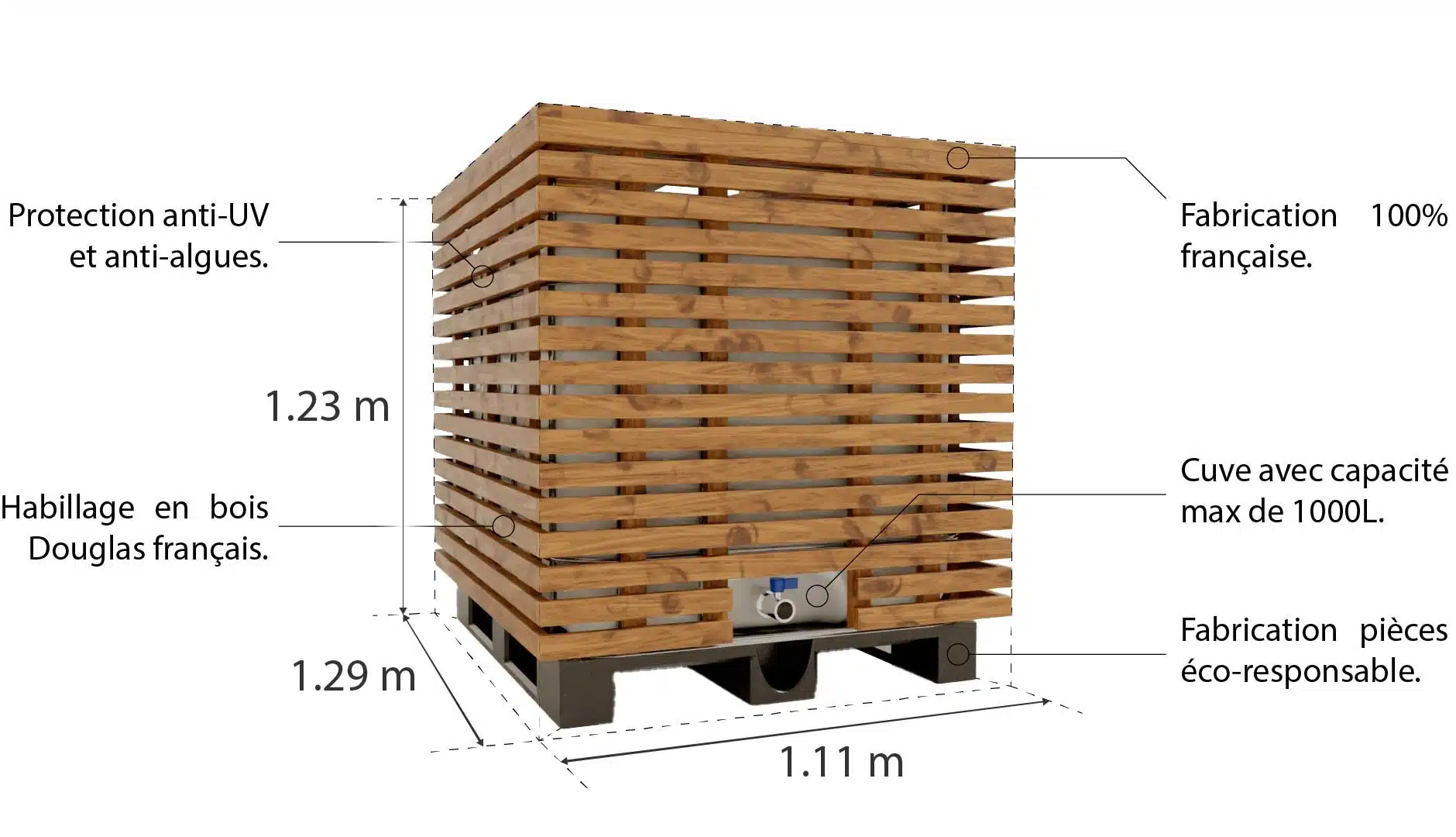 Récupérateur d'eau de pluie en bois : bien choisir le sien 2 Récupérateur d'eau EAU : cuve de 1000 litres habillée de Douglas français, dimensions et caractéristiques