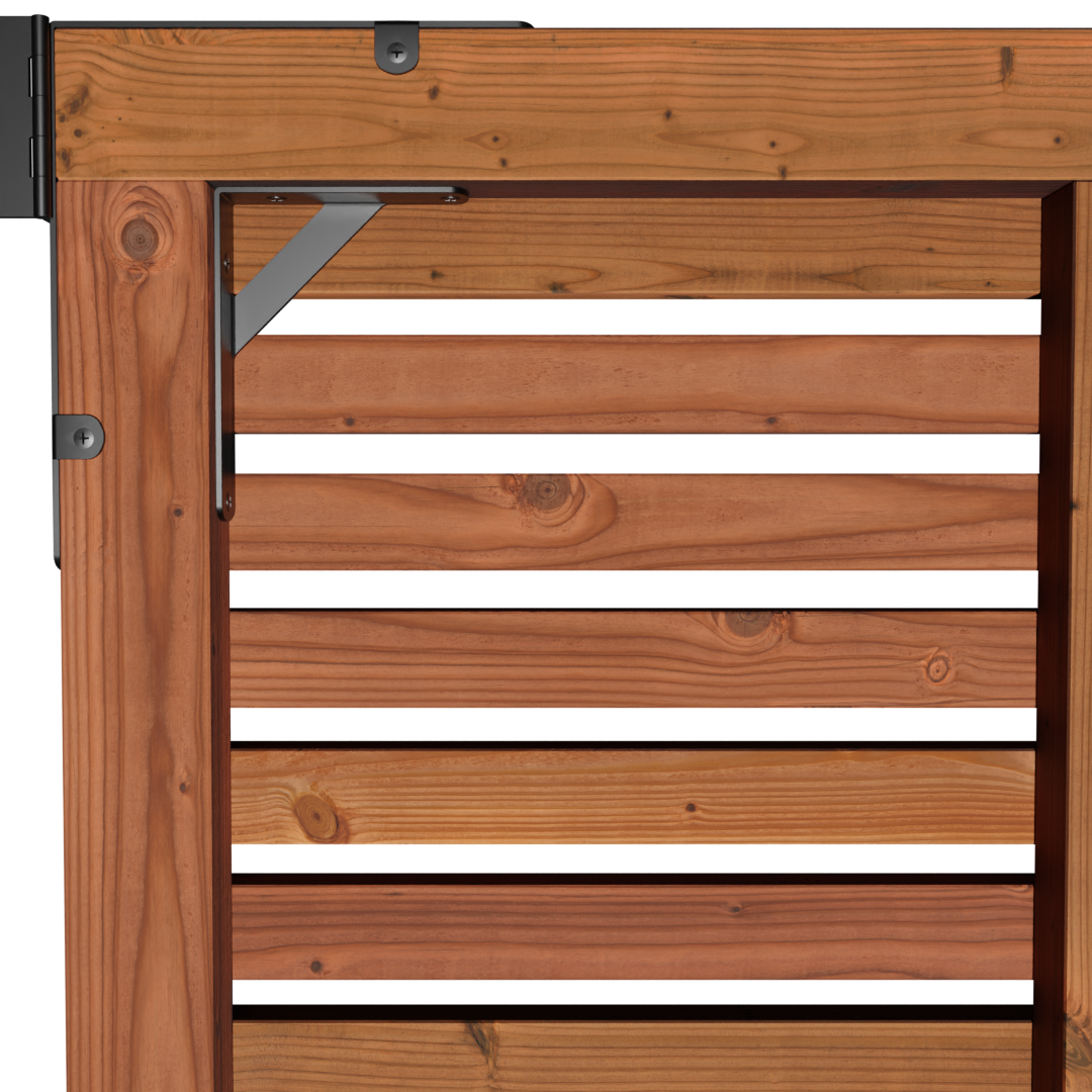 Portillon Bois Douglas en Kit - 1×1,59 m 10 Détail de la structure d’un portillon en bois Douglas avec lames horizontales, équerre de renfort métallique et cadre renforcé pour une solidité optimale en extérieur.