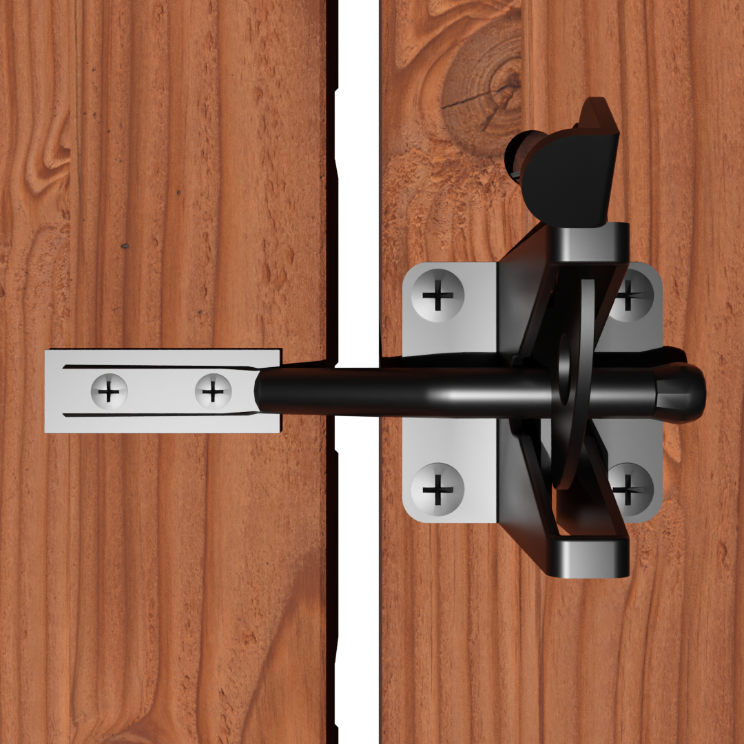 Portillon Bois Douglas en Kit - 1×1,59 m 11 Gros plan sur un loquet de portillon en métal noir fixé sur un portillon en bois Douglas, avec visserie apparente et système de fermeture robuste pour extérieur.