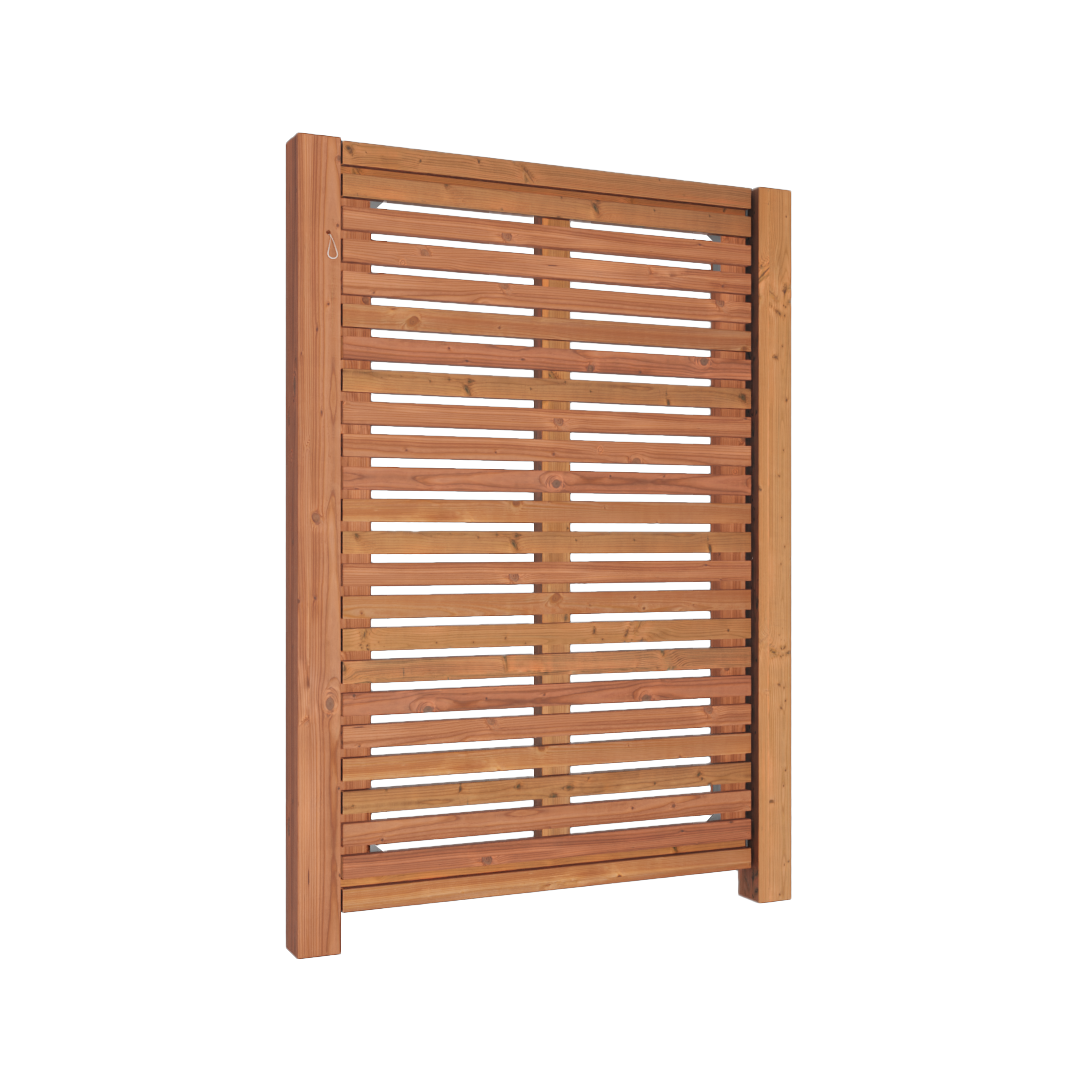 Portillon Bois Douglas en Kit - 1×1,59 m 5 Portillon en bois Douglas à lames horizontales ajourées avec cadre massif et finition naturelle, idéal pour clôture de jardin moderne, durable et facile à installer.