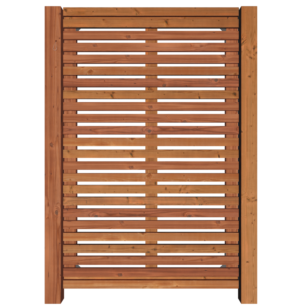 Portillon en bois Douglas à lames horizontales ajourées, avec cadre massif et finition naturelle, idéal pour clôture de jardin moderne et durable.