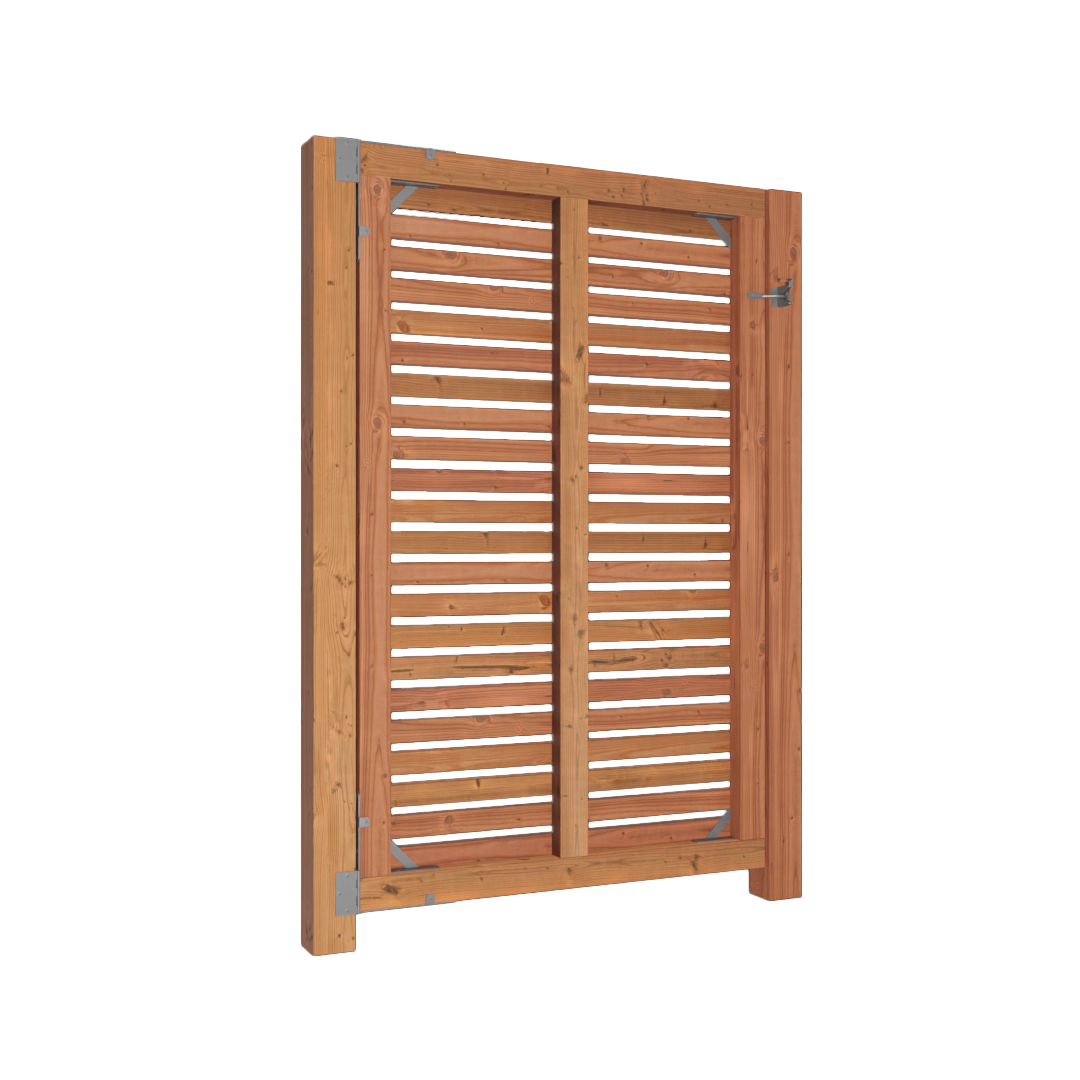 Portillon Bois Douglas en Kit - 1×1,59 m 6 Vue arrière d’un portillon en bois Douglas à lames horizontales, avec renfort central, équerres métalliques et charnières robustes pour une installation durable en extérieur.