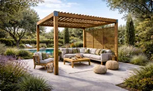 Pergola autoportante 3x3 m en pin lamellé-collé installée dans un jardin paysager avec salon d'extérieur