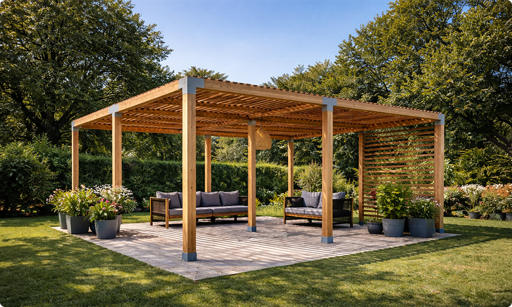 Pergola bois : le guide complet pour choisir, poser et entretenir votre structure en 2026 2 Pergola autoportante 6x6m en Douglas français composée de quatre modules 3x3, installée au centre du jardin