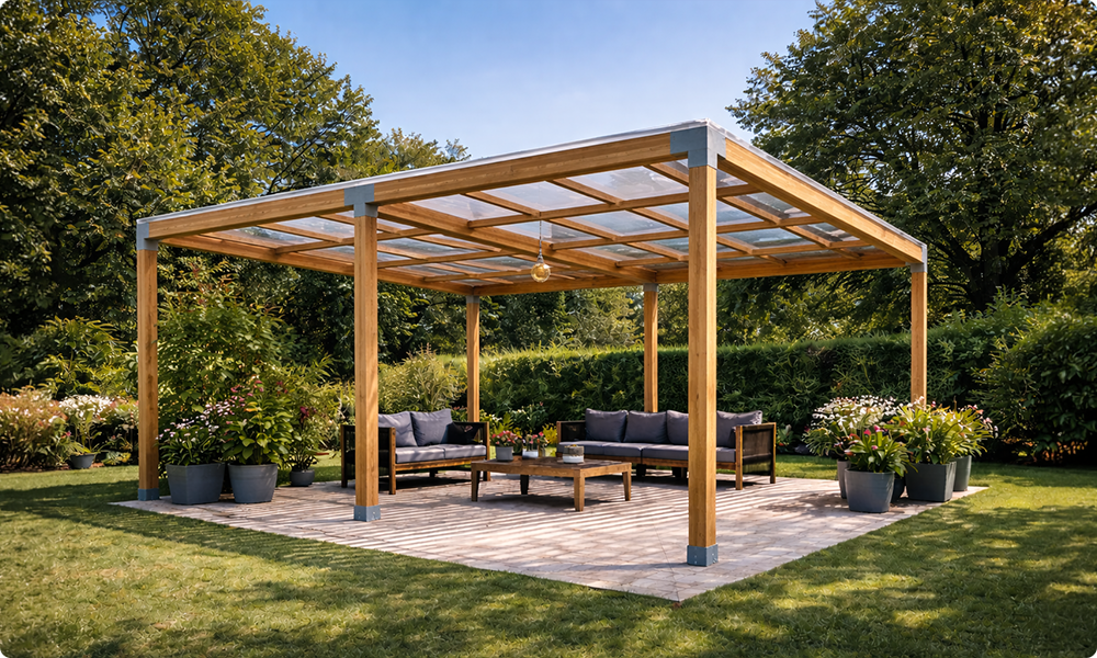Pergola bois : le guide complet pour choisir, poser et entretenir votre structure en 2026 4 Pergola bois autoportante avec toiture en polycarbonate translucide installée dans un jardin
