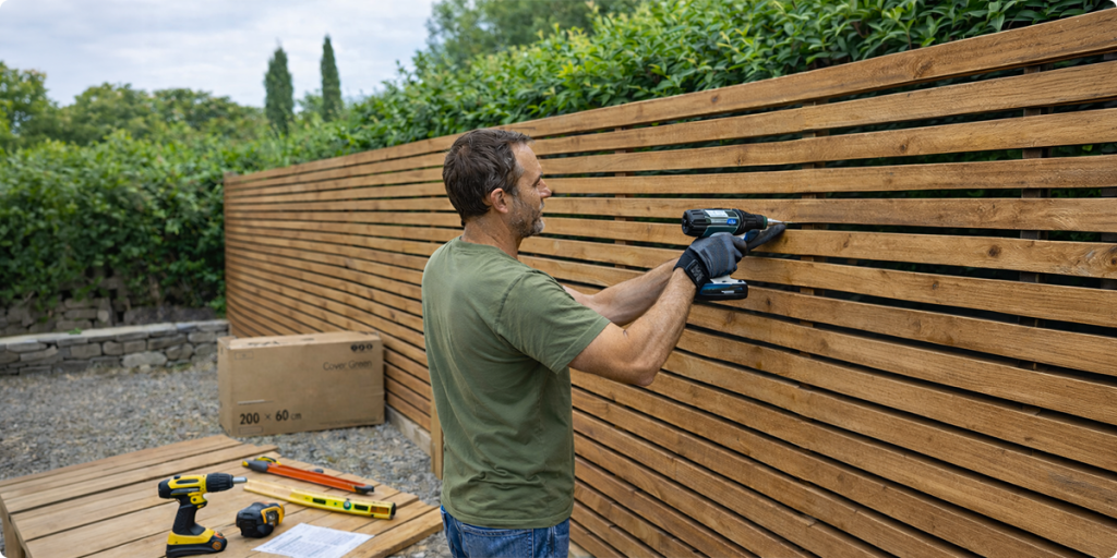 Clôture bois : guide complet 2026 (types, pose, prix, entretien) 4 Particulier installant sa clôture bois en kit DIY Cover Green