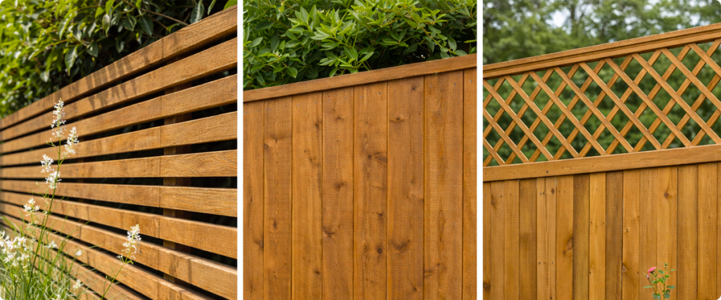 Clôture bois : guide complet 2026 (types, pose, prix, entretien) 2 Comparaison visuelle des trois types de clôtures bois claire-voie panneau plein et treillis
