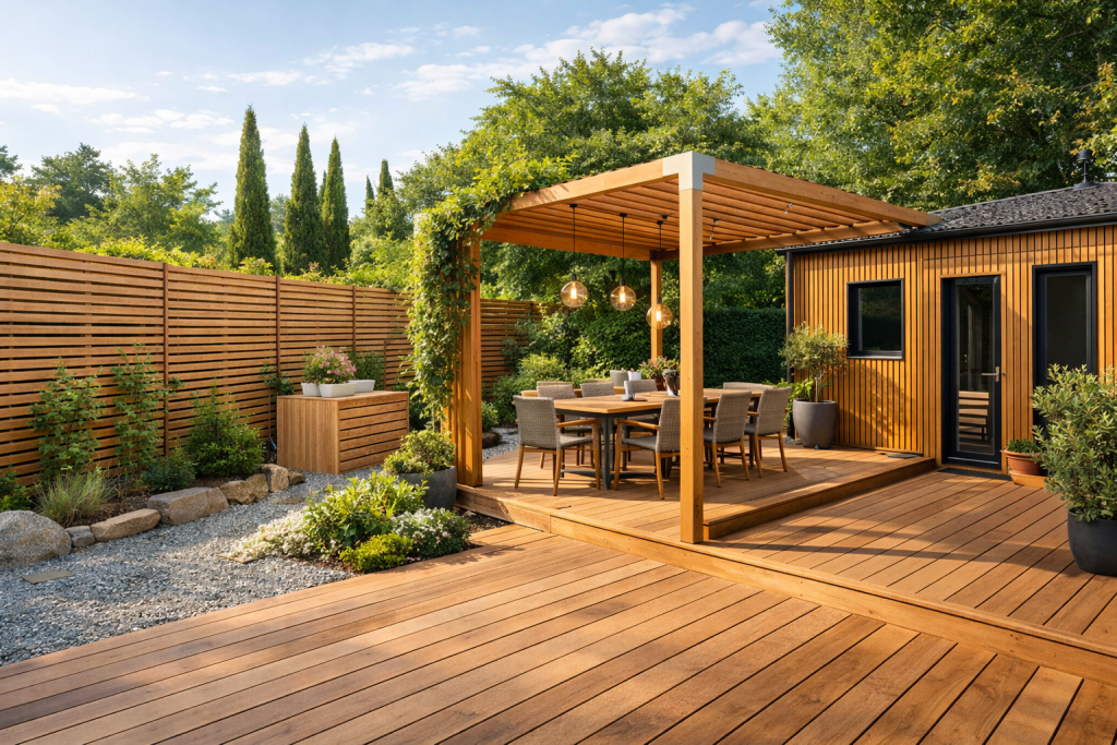 Bardage bois : le guide complet pour choisir, poser et entretenir votre façade 8 Différents produits de Cover Green, tel que la clôture, la pergola, la terrasse et le bardage, tous en bois.