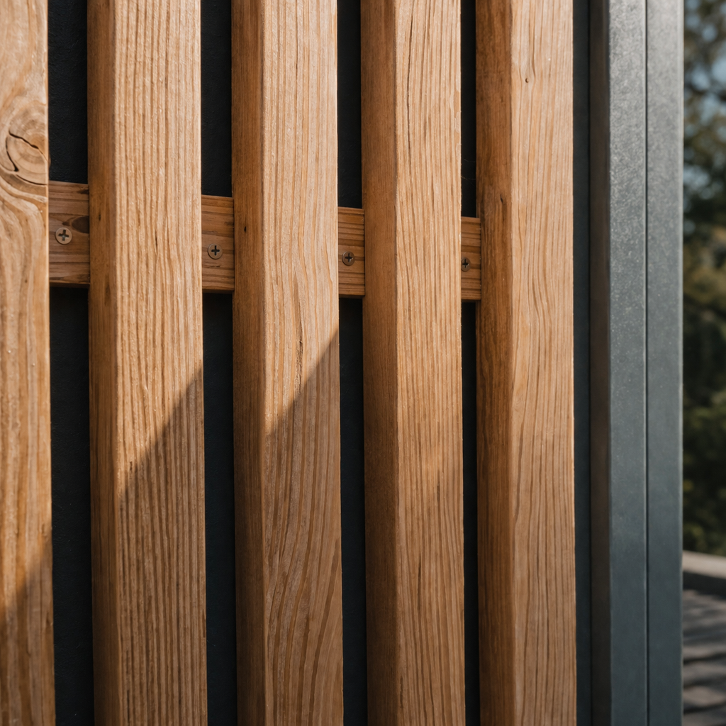 Bardage bois : le guide complet pour choisir, poser et entretenir votre façade 3 Détail des lames espacées du bardage claire-voie montrant l'espacement régulier entre les lames de 4,7 cm