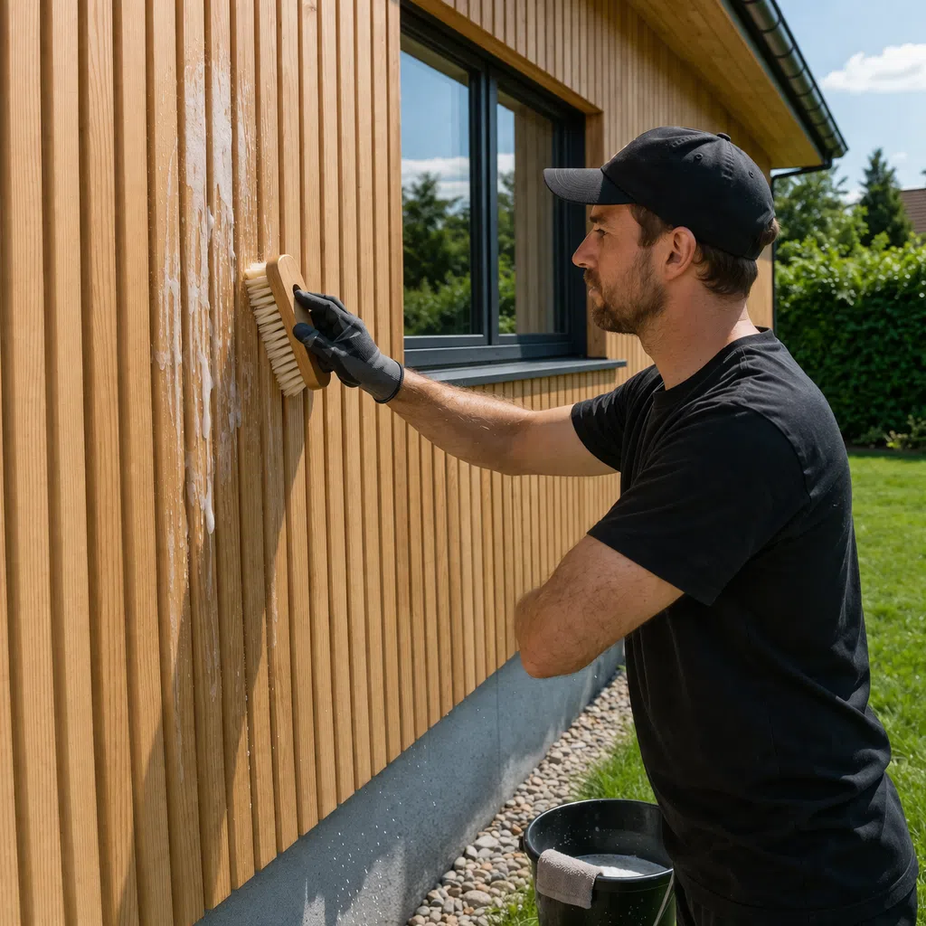 Bardage bois : le guide complet pour choisir, poser et entretenir votre façade 7 Personne effectuant le nettoyage d'une façade de bardage bois avec brosse douce