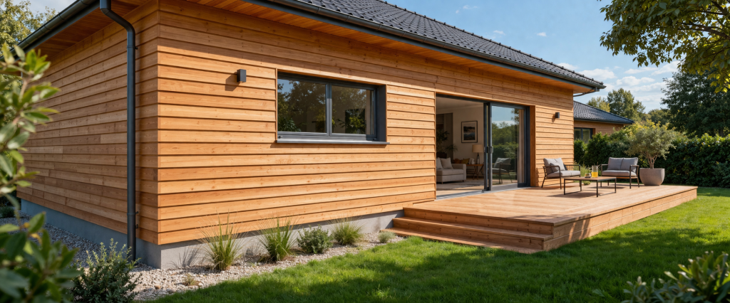 Bardage bois : le guide complet pour choisir, poser et entretenir votre façade 2 Photo d'une maison avec pose horizontale de bardage bois montrant les lames superposées en système à clin