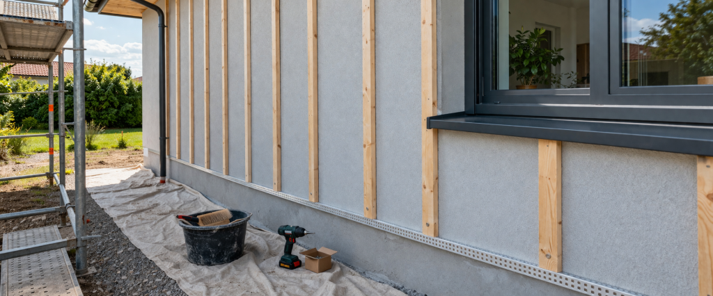 Bardage bois : le guide complet pour choisir, poser et entretenir votre façade 6 Photo d'un mur préparé et nettoyé avant l'installation du bardage bois montrant les travaux préalables