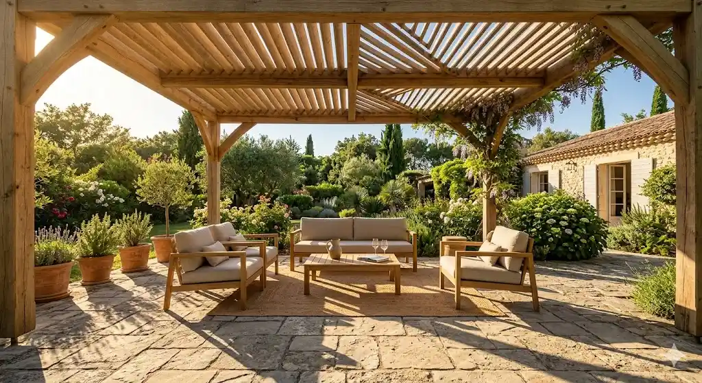Quelle Toiture pour Pergola Bois ? Le Comparatif Complet pour Bien Choisir 1 Pergola bois avec toiture brise-soleil en lames de bois dans un jardin paysagé