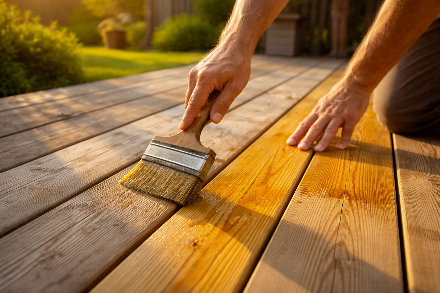 Terrasse bois : le guide complet (essences, pose, prix) 3 Application saturateur bois sur terrasse pin autoclave pour entretien