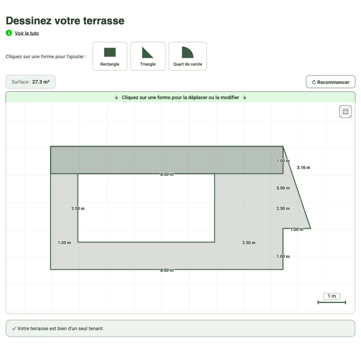 Calculer une terrasse en bois en kit : la méthode complète (plots, lambourdes, lames, vis) 1 Étape 1 du configurateur terrasse Cover Green : dessiner la forme et les dimensions de sa terrasse en bois en kit