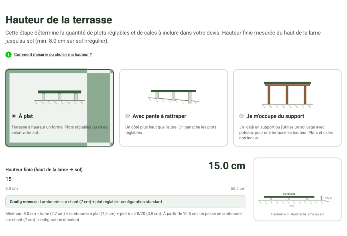 Calculer une terrasse en bois en kit : la méthode complète (plots, lambourdes, lames, vis) 2 Étape 5 du configurateur terrasse Cover Green : hauteur finie et bascule lambourde à plat ou sur chant