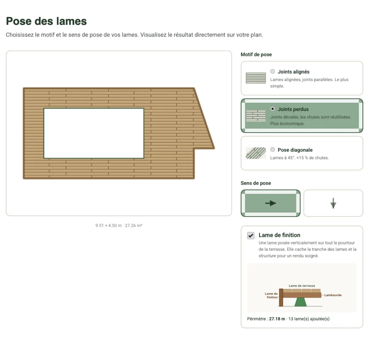 Calculer une terrasse en bois en kit : la méthode complète (plots, lambourdes, lames, vis) 3 Étape 3 du configurateur terrasse Cover Green : motifs de pose et sens des lames