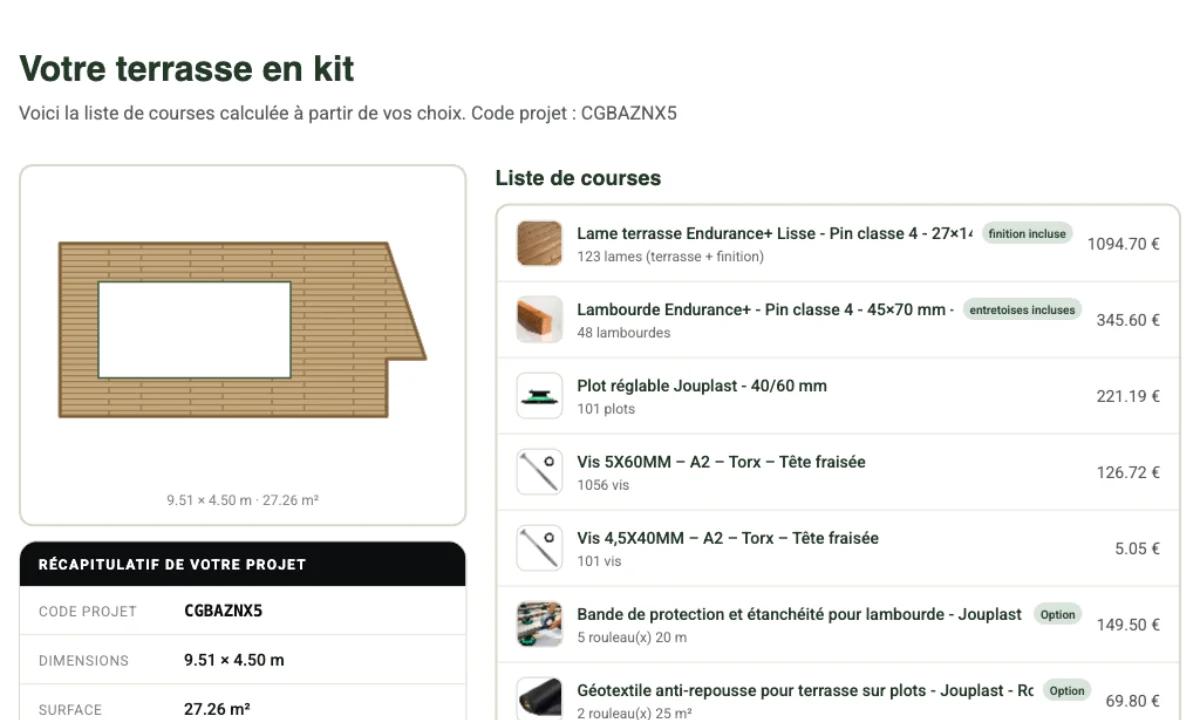 Calculer une terrasse en bois en kit : la méthode complète (plots, lambourdes, lames, vis) 4 Étape 6 du configurateur terrasse Cover Green : récapitulatif quantitatif liste de courses pour 27 m²