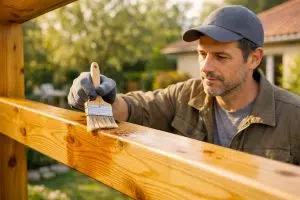 Application d un saturateur au pinceau sur une poutre de pergola en pin lamellé-collé