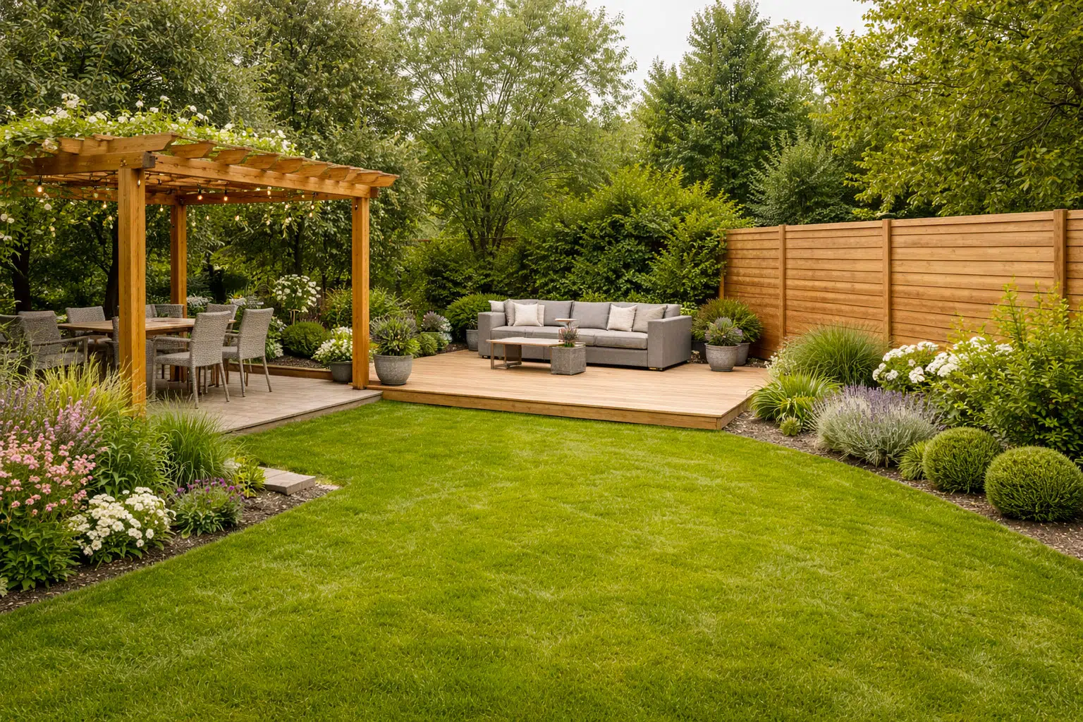 Entretien bois extérieur : le guide complet (pergola, terrasse, clôture, bardage) 1 Pergola bois terrasse en pin autoclave et clôture Douglas côte à côte dans un jardin