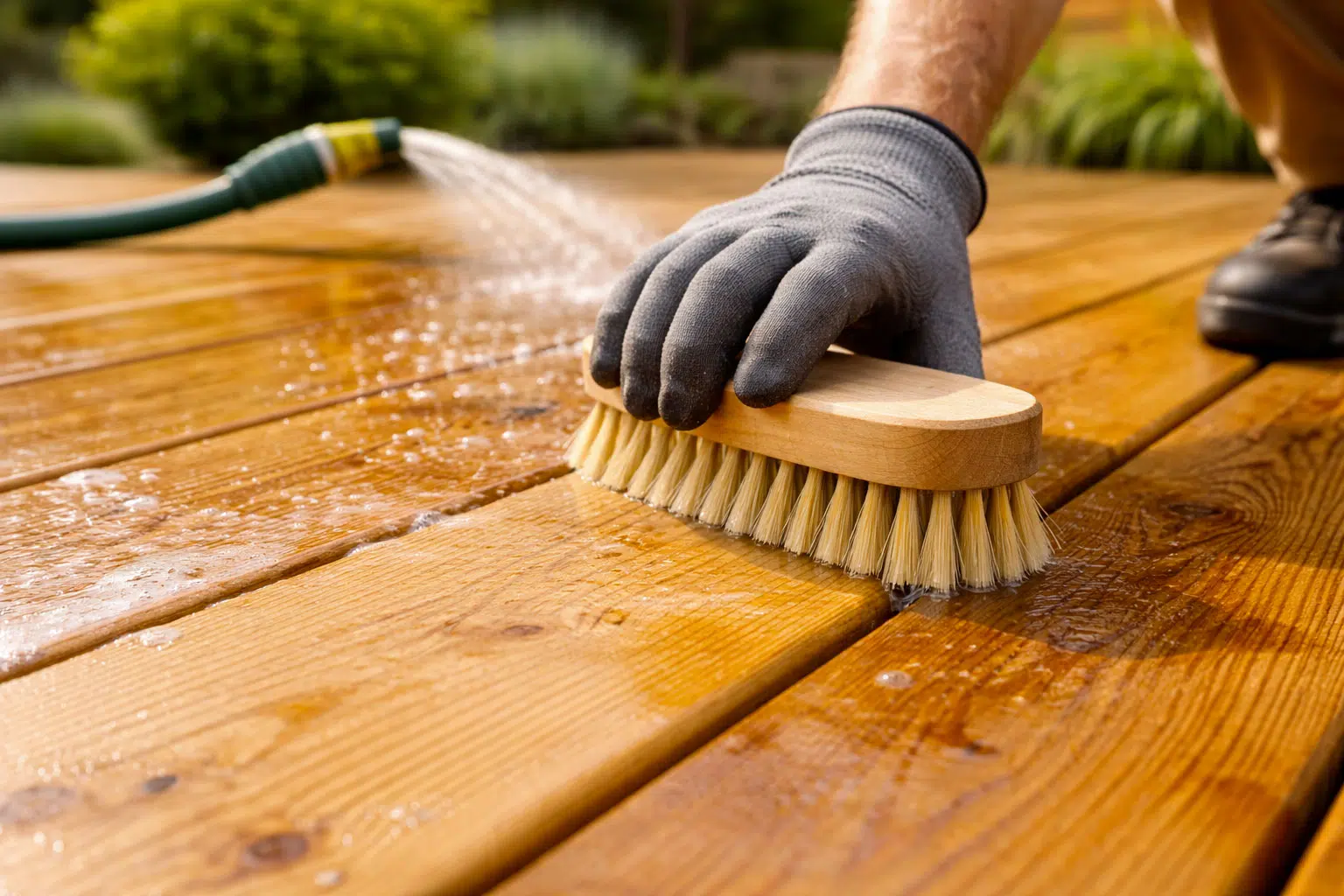 Entretien bois extérieur : le guide complet (pergola, terrasse, clôture, bardage) 3 Brossage d une terrasse en pin autoclave au nettoyant bois avec brosse douce