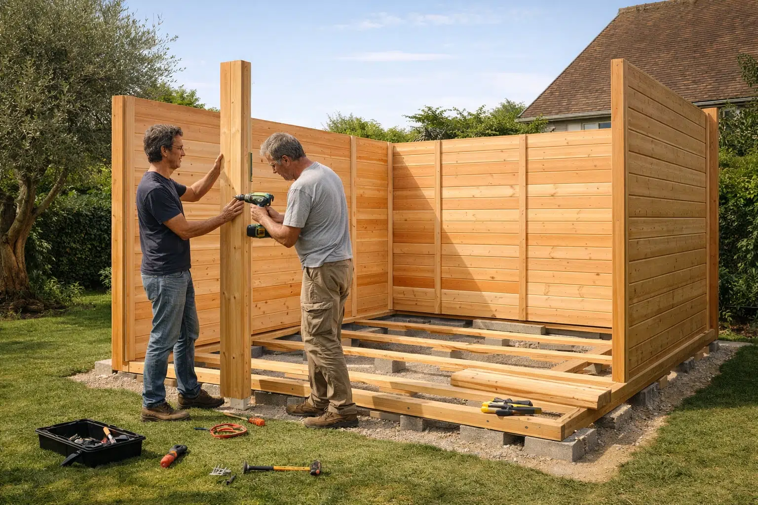 Studio de jardin en kit : le guide complet pour choisir, installer et habiter votre extension bois 2 Montage d'un studio de jardin en kit avec panneaux bois éco-briques à deux personnes