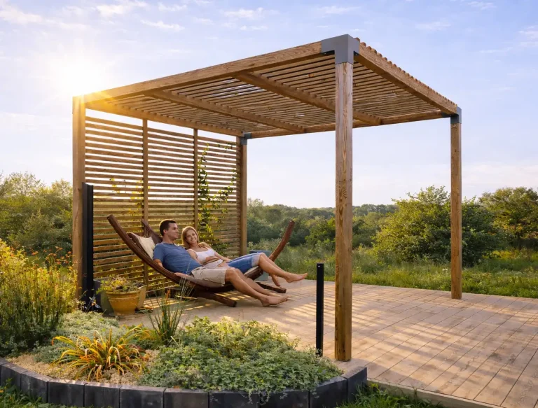 Pergola autoportante Cover Green en pin lamellé-collé classe 4 dans un jardin résidentiel