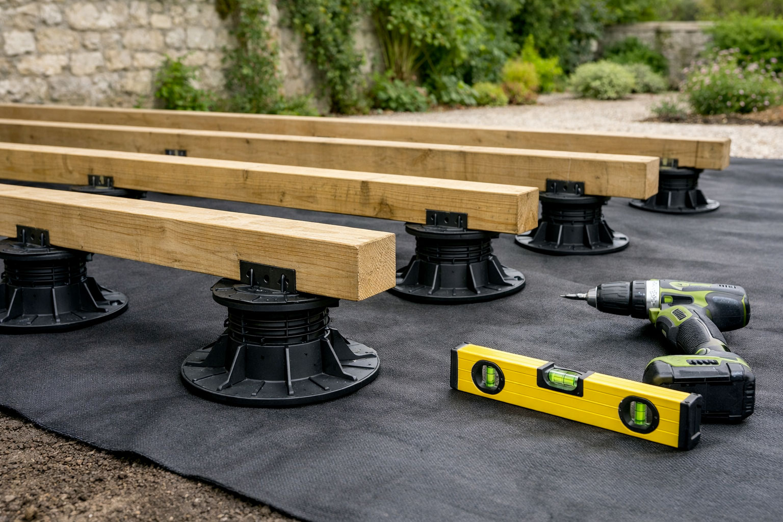 Terrasse bois : le guide complet (essences, pose, prix) 2 Pose terrasse bois sur plots réglables polypropylène et lambourdes