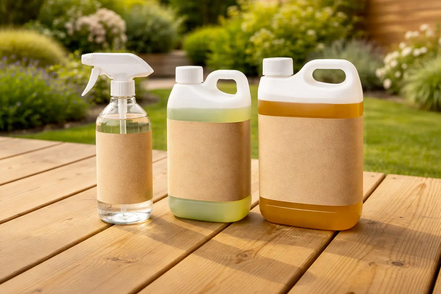 Entretien bois extérieur : le guide complet (pergola, terrasse, clôture, bardage) 2 Nettoyant bois saturateur et dégriseur alignés sur une terrasse en pin autoclave