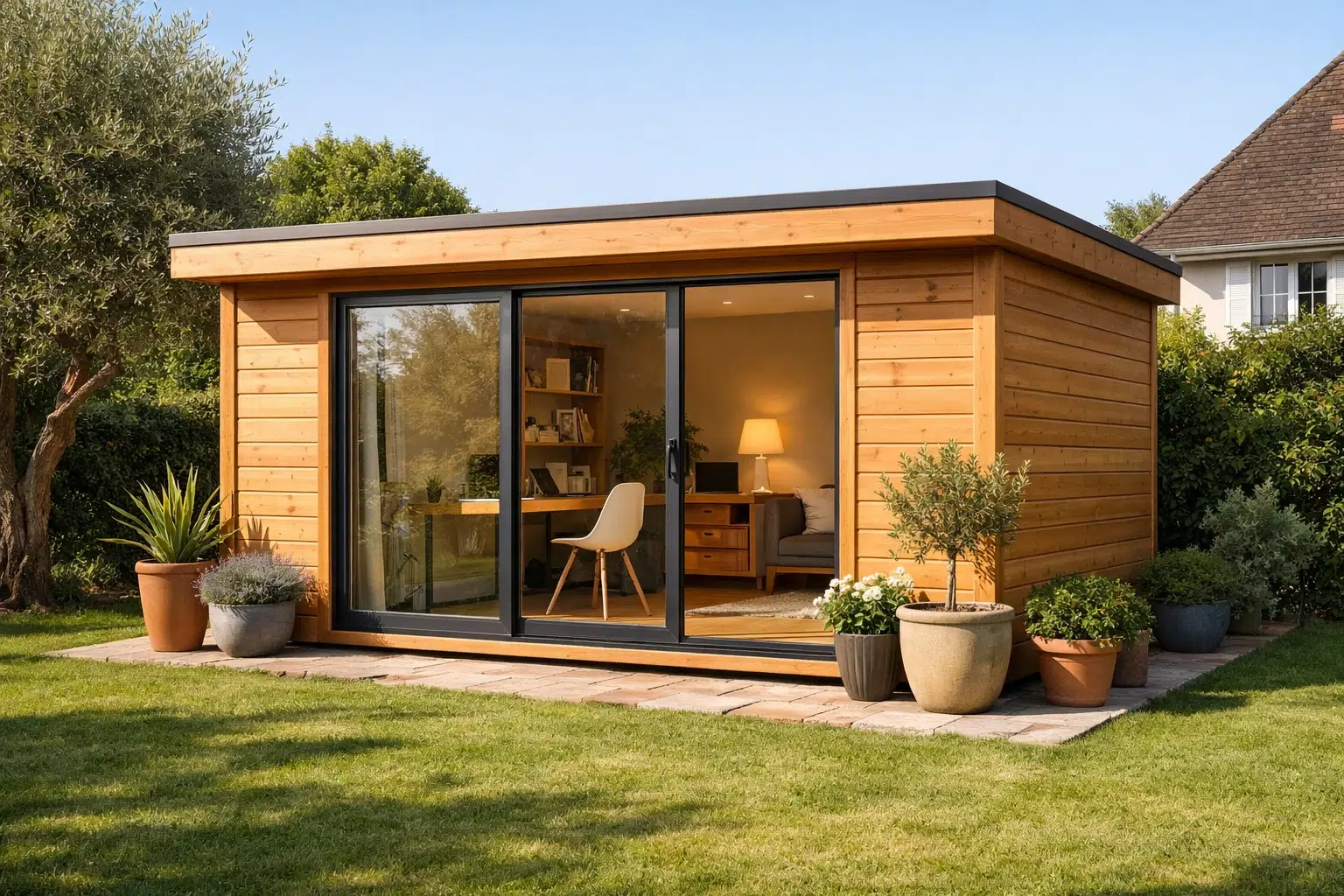 Studio de jardin en kit GEKA en bois Douglas dans un jardin résidentiel français