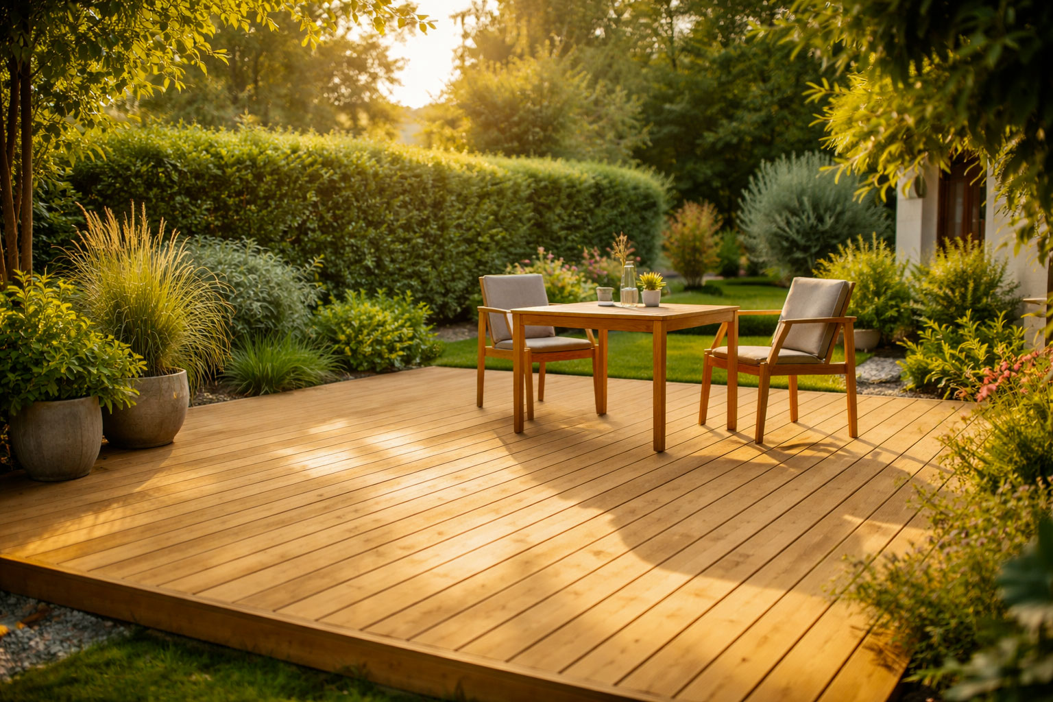 Comment poser une terrasse bois : la méthode complète (préparation, pose, finitions) 5 Terrasse bois pin français autoclave classe 4 finie dans un jardin résidentiel avec salon de jardin