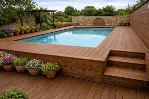 Terrasse en bois pin autour d’une piscine enterrée avec marches, lames rainurées et jardin fleuri aménagé autour