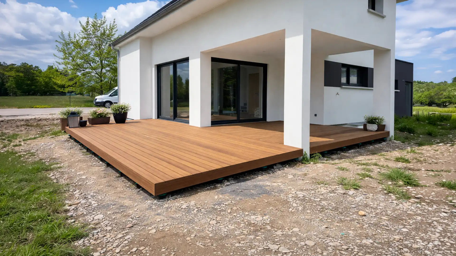 Terrasse bois sur pilotis : guide complet (structure, pose, prix au m²) 2 Terrasse bois pin minimaliste surélevée environ 30 cm devant une baie vitrée illustrant la limite entre plots et pilotis