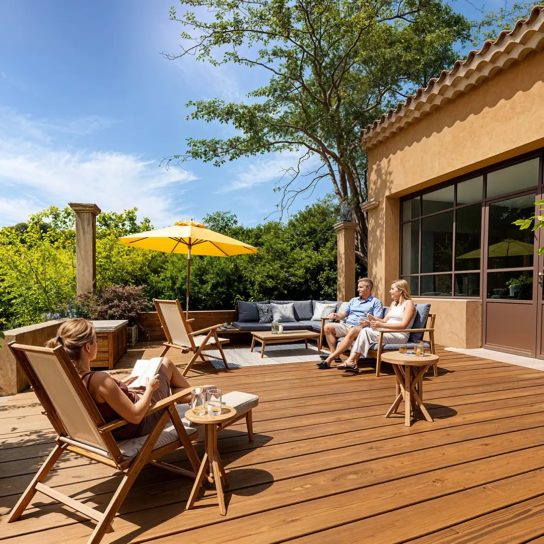 Terrasse en bois naturel avec salon de jardin extérieur, ambiance conviviale ensoleillée devant maison provençale, idéale pour aménagement extérieur et détente en plein air