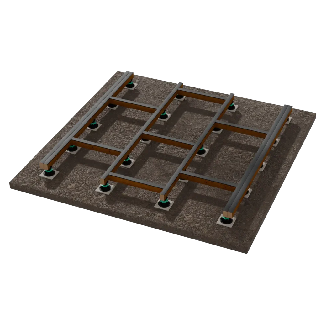 Pose structure terrasse bois sur plots réglables avec lambourdes, base solide pour terrasse durable