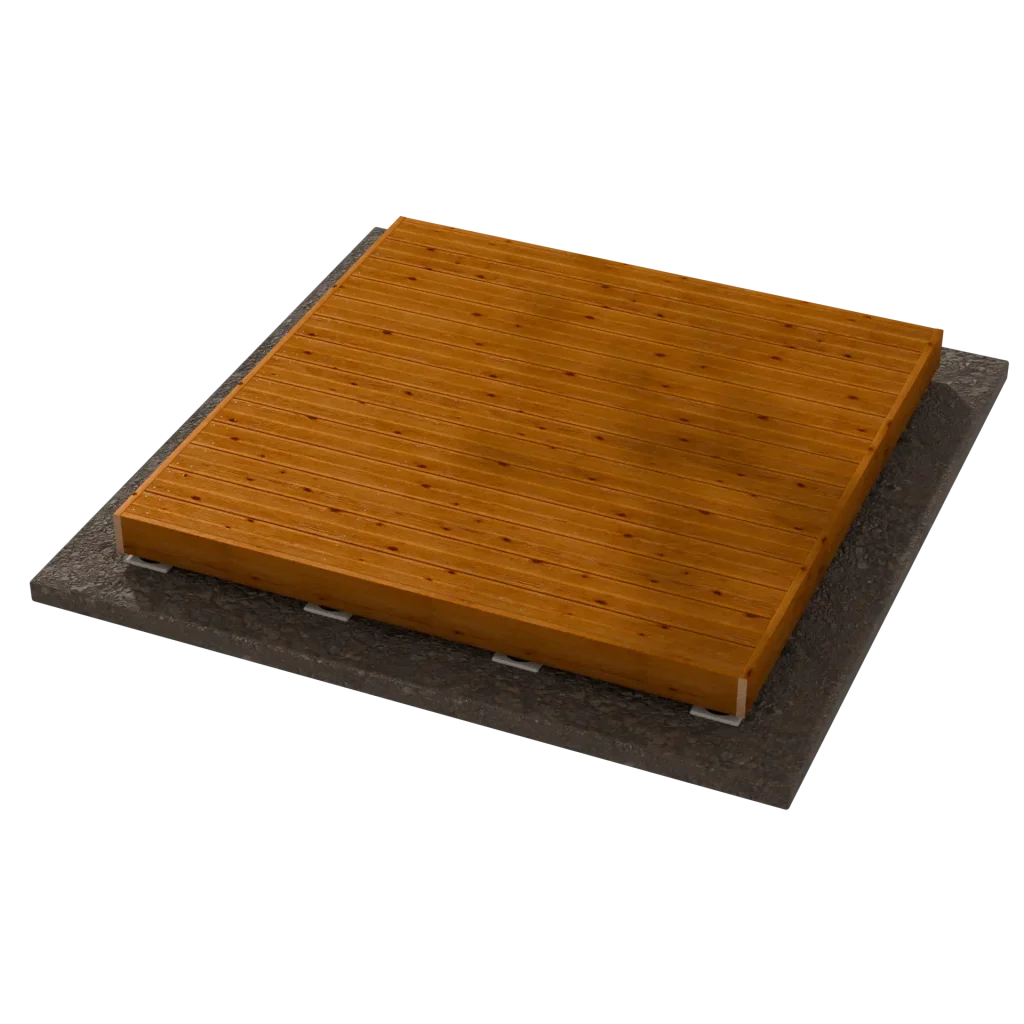 Terrasse bois terminée avec finition périphérique, plateforme extérieure prête à l’usage sur plots