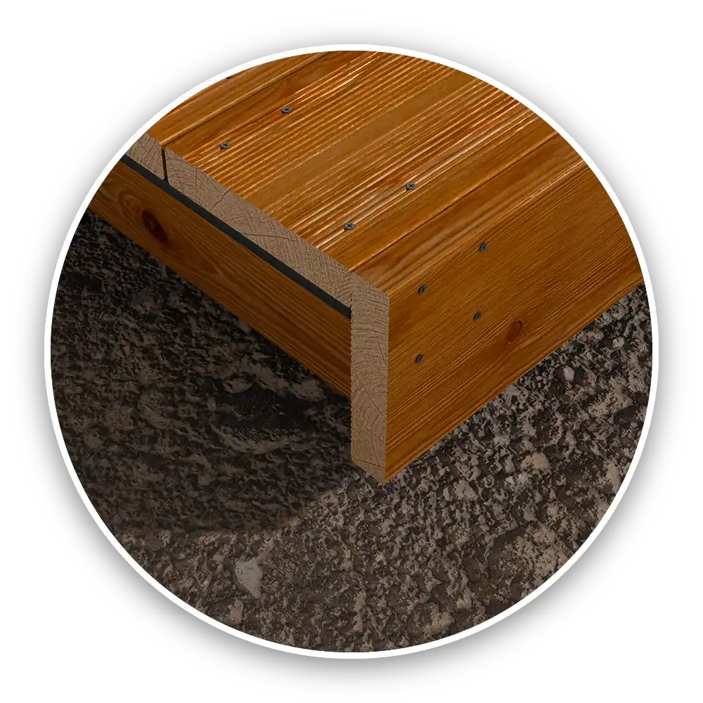 Coupe structure terrasse bois pin classe 4 avec lambourdes et bande bitumineuse, système de montage robuste et ventilé