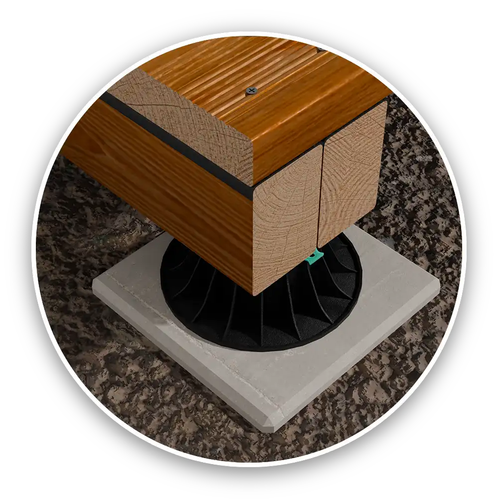 Structure terrasse bois sur plots réglables, installation sur dalle béton pour terrasse extérieure stable et durable